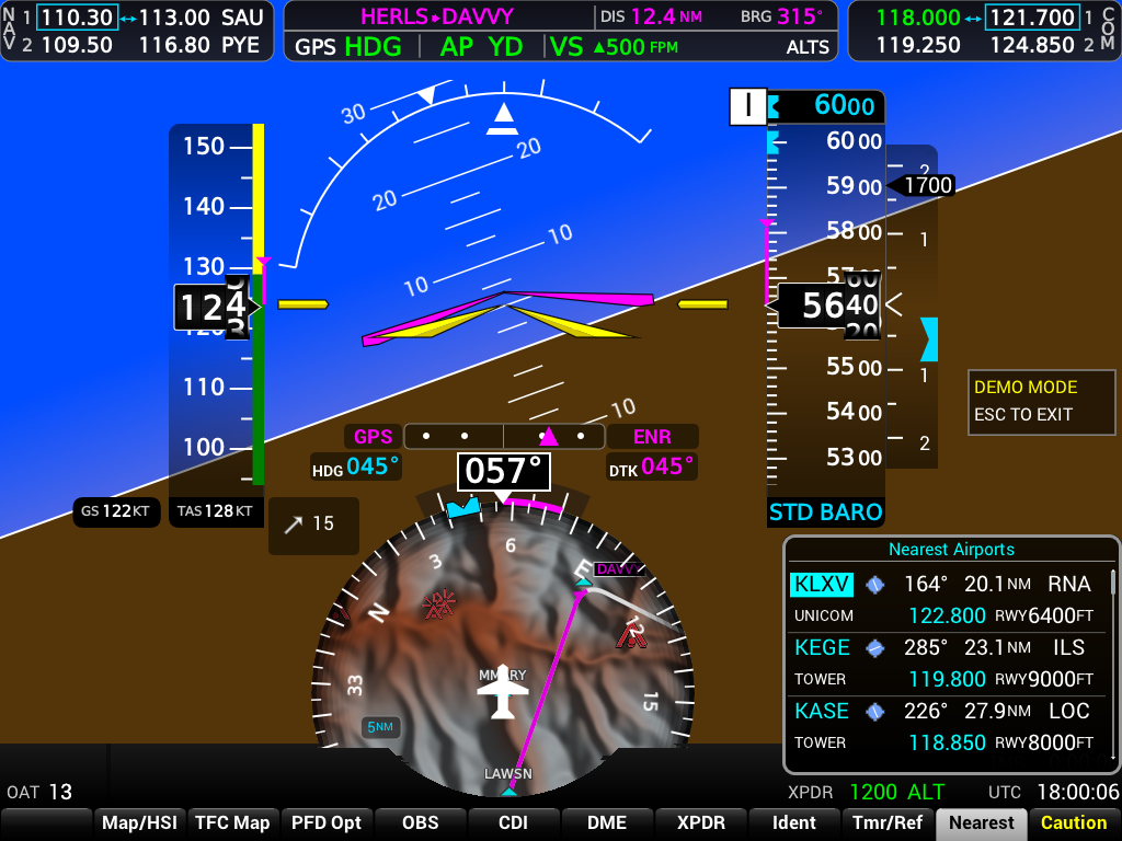 Cockpit Vector PFD with HSI map terrain and Nearest Airports